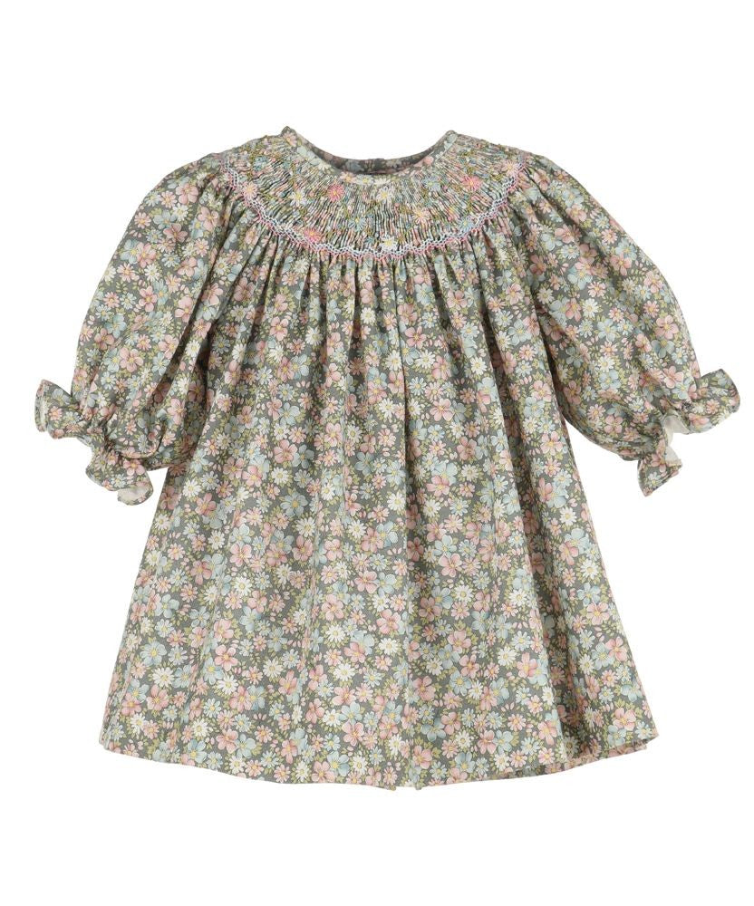 Luli & Me Girls Forest Green Floral Smocked Bishop Dress