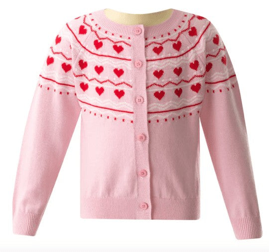 Rachel Riley London Girls Pink Hearts Intarsia Cardigan Sweater