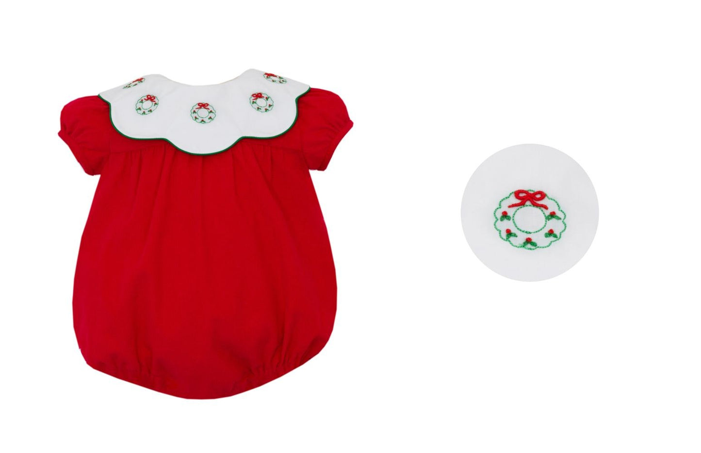 Anavini Baby Girls Red Corduroy Bubble - Embroidered Christmas Wreath on Scallop Collar