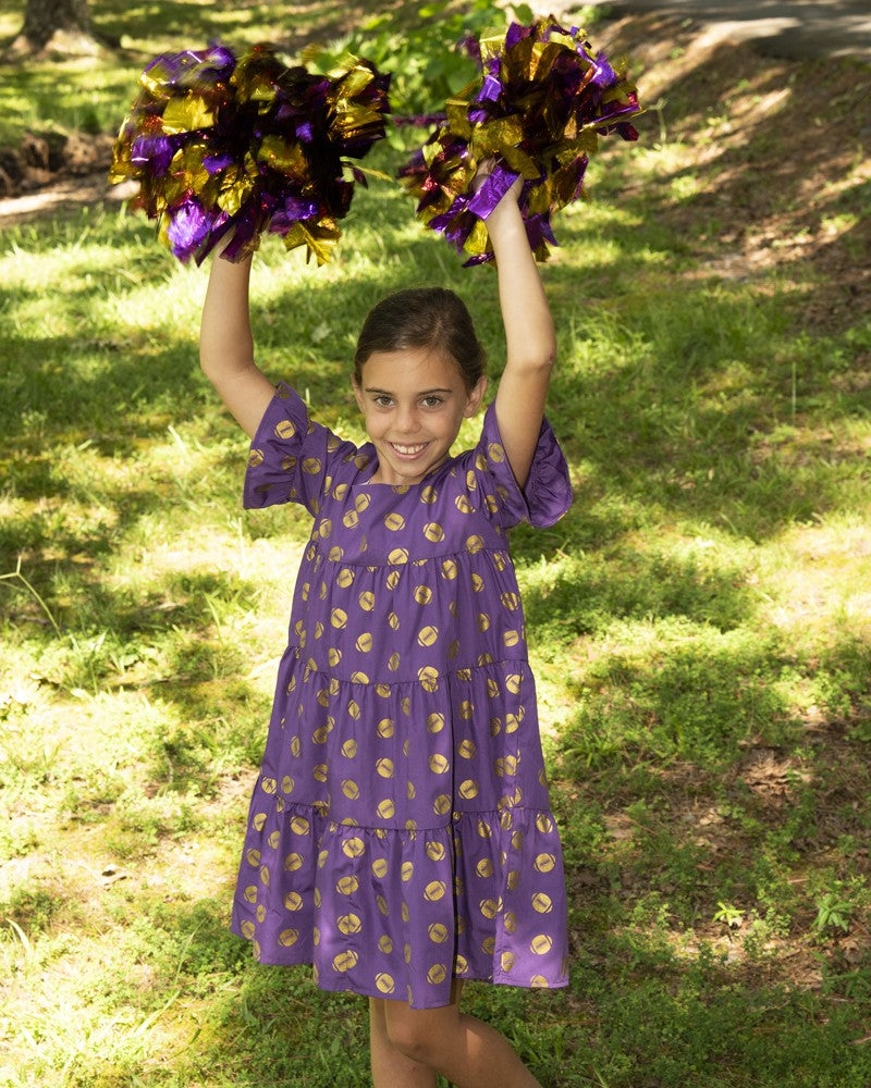Yellow Lamb Girls Game Day Tiered Dress - Gold Footballs - Purple & Gold