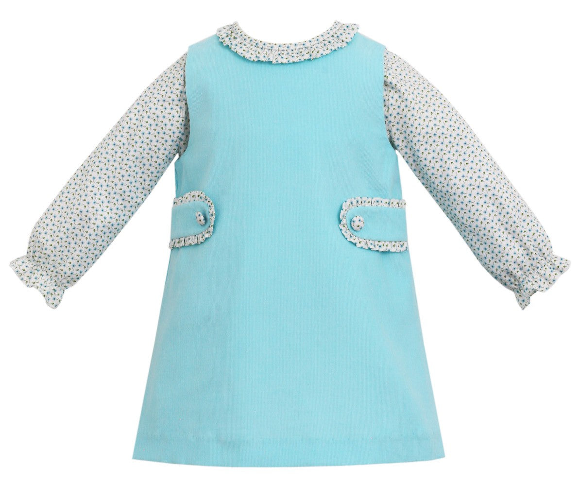 Petit Bebe Toddler Girls Aqua Corduroy Jumper Dress with Floral Blouse