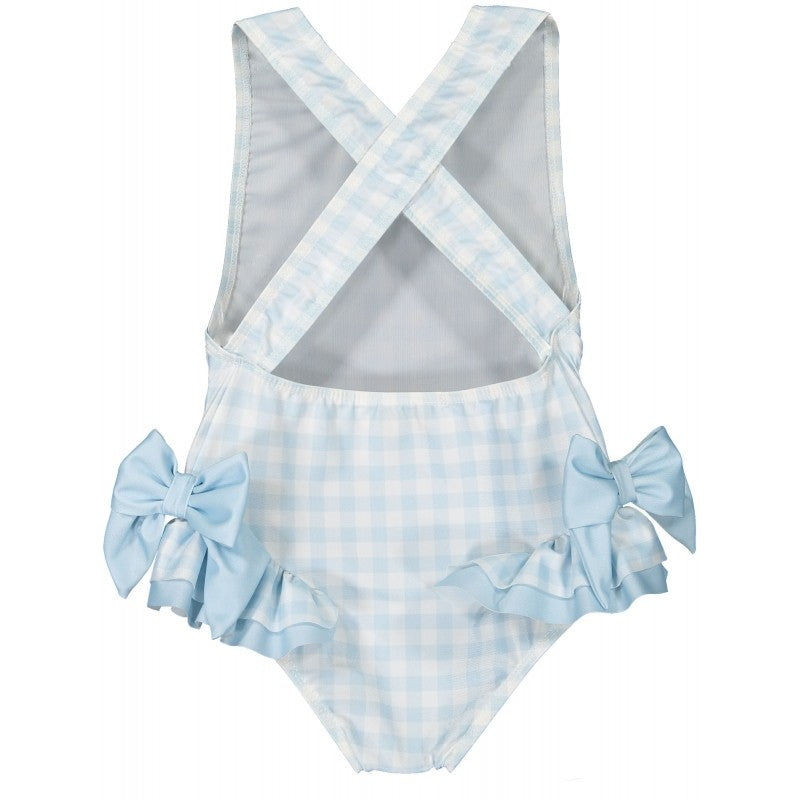 Sal & Pimenta Girls Swimsuit - Bows on Hips - Light Blue Gingham
