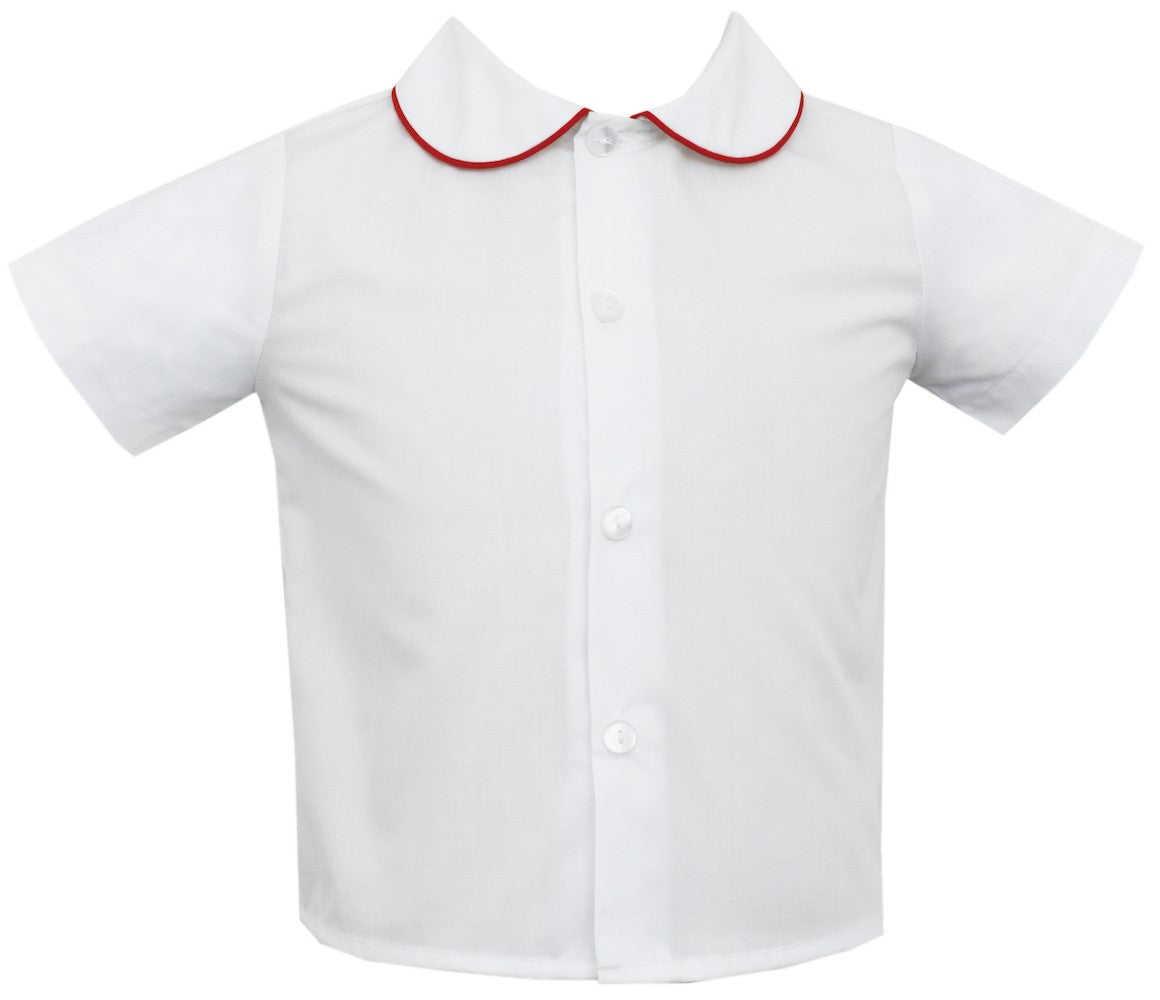 Anavini Baby / Toddler Boys White Shirt - Short Sleeves - Peter Pan Collar Piped in Red