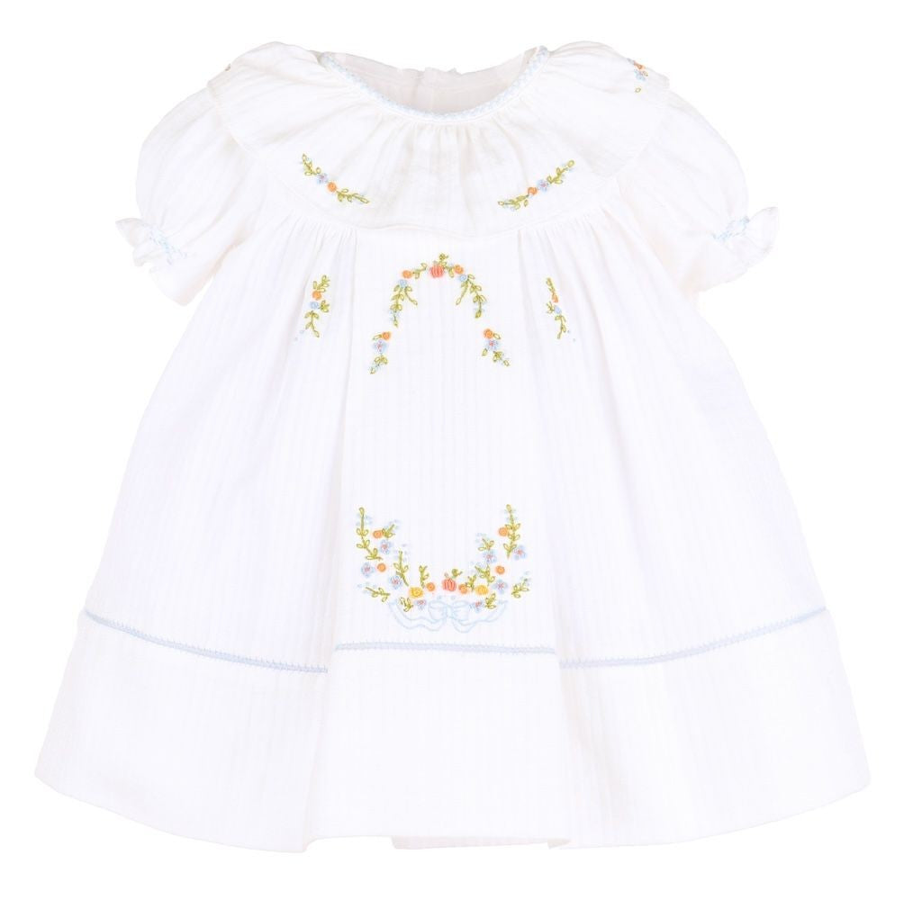 Sophie & Lucas Girls Pumpkin Embroidery Ruffle Dress - White with Blue
