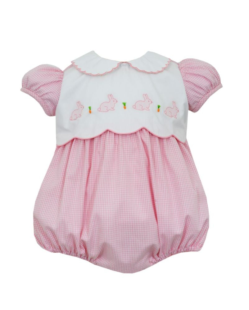 Anavini Baby Girls Pink Gingham Bubble - White Bodice with Embroidered Easter Bunnies