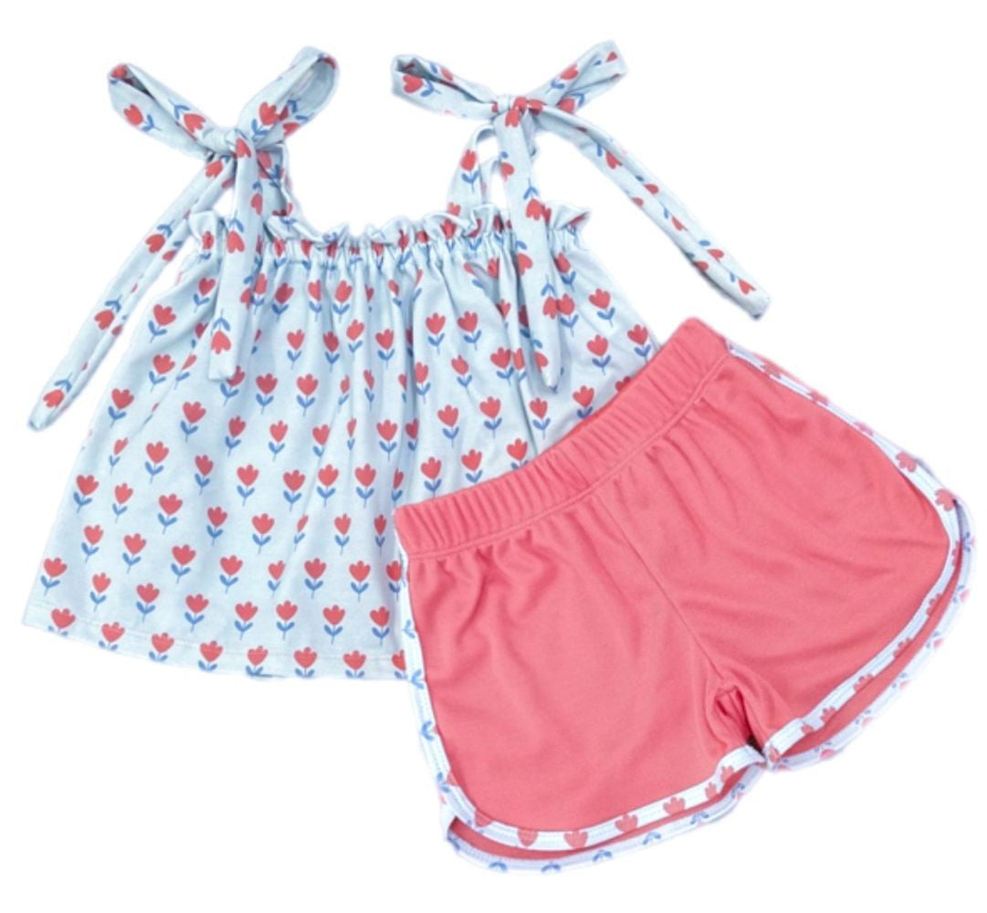 James & Lottie Girls Coral Sloane Shorts with Tulips Tie Top by James & Lottie