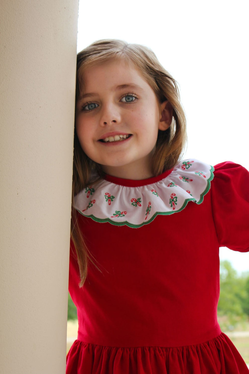 Susanne Lively Girls Red Corduroy Christmas Dress - Embroidered Candy Cane Ruffle Collar