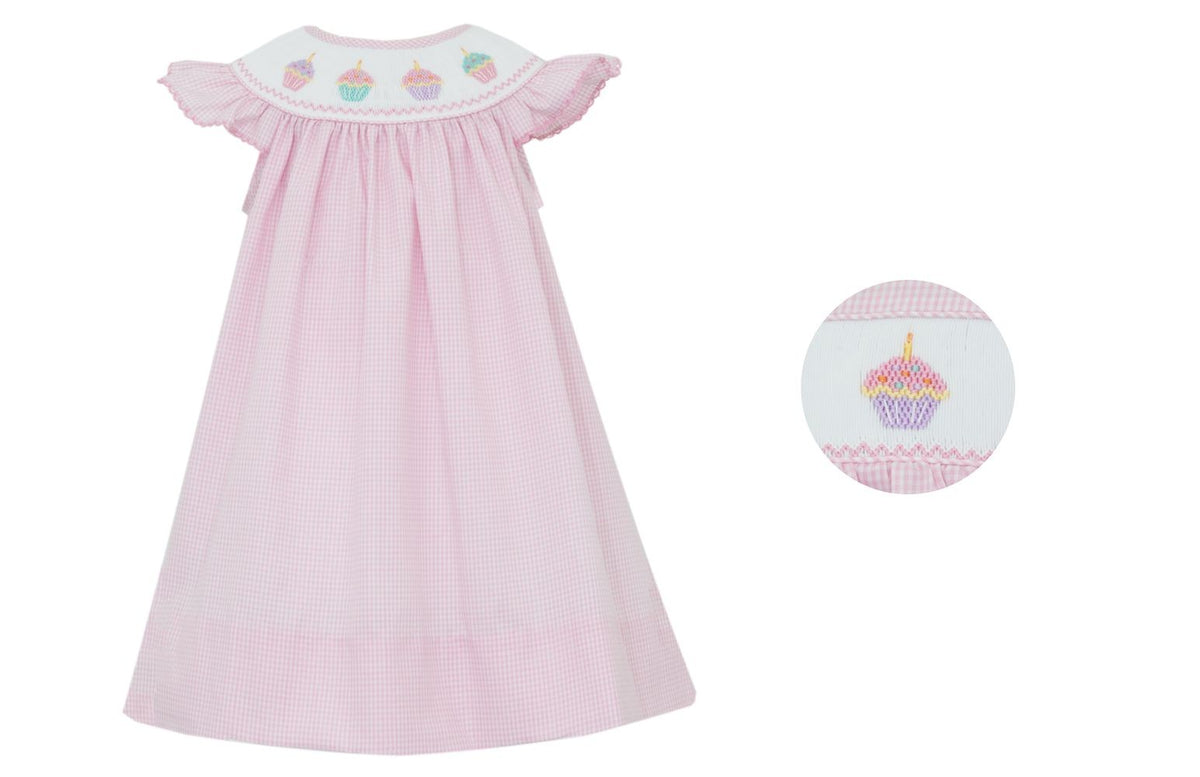 Petit Bebe Baby Girls Pink Gingham Smocked Birthday Cupcakes Angle Wing Dress