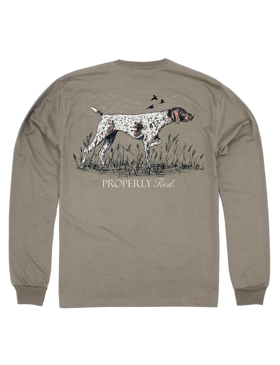 Properly Tied Tee Shirt - Logo Pocket on Front - Back Graphic - Tan Pointer Dog