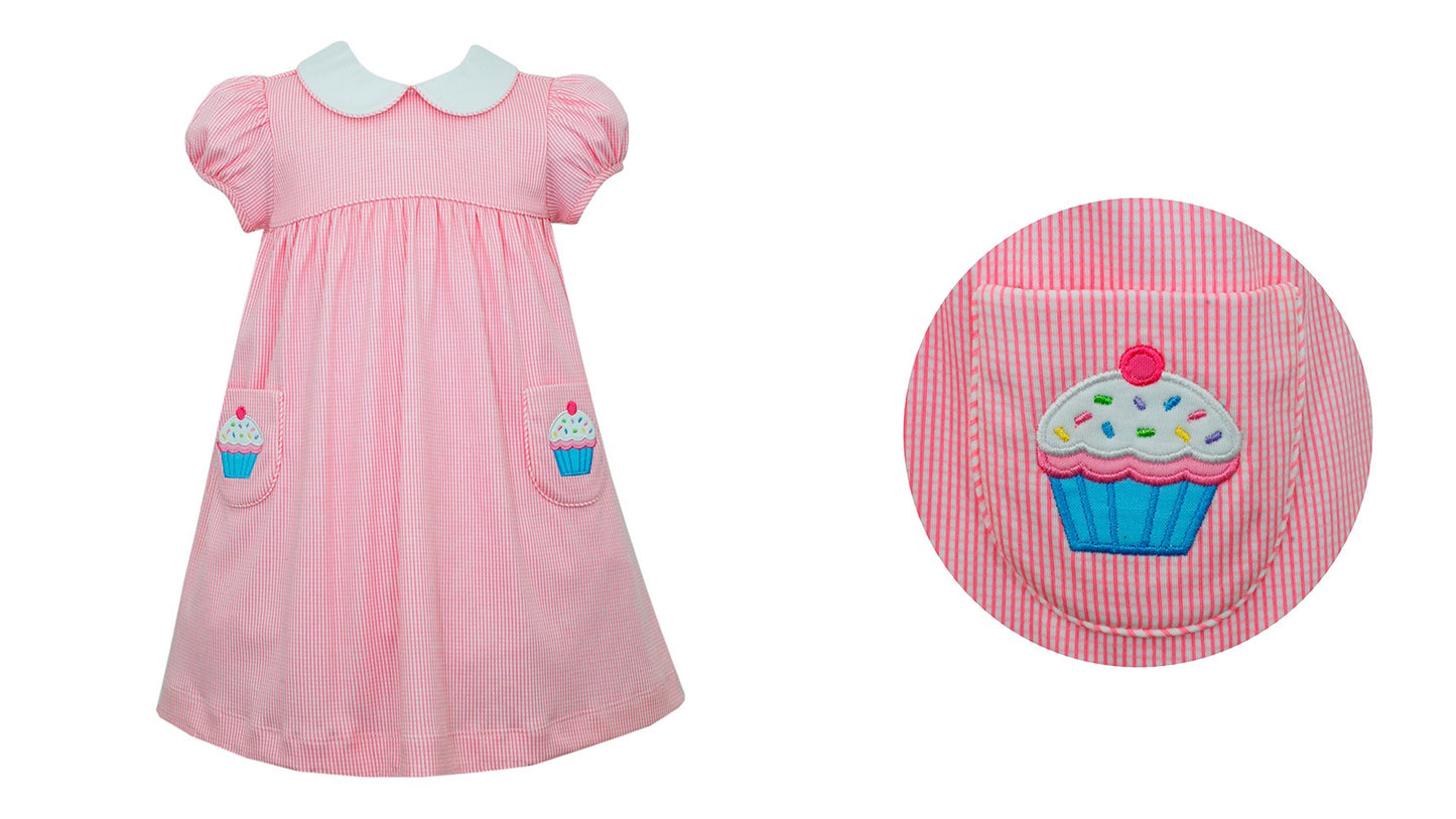 Claire & Charlie Baby Girls Pink Gingham Knit Dress - Birthday Cupcakes