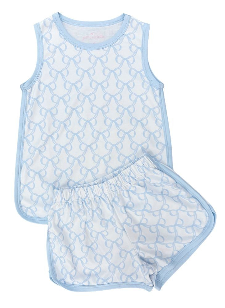 James & Lottie Girls Tank Shorts Lounge Set - Blue Put a Bow on It Print