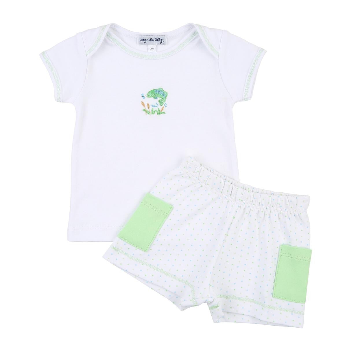 Magnolia Baby Boys Green Vintage Fishing Embroidered Short Set