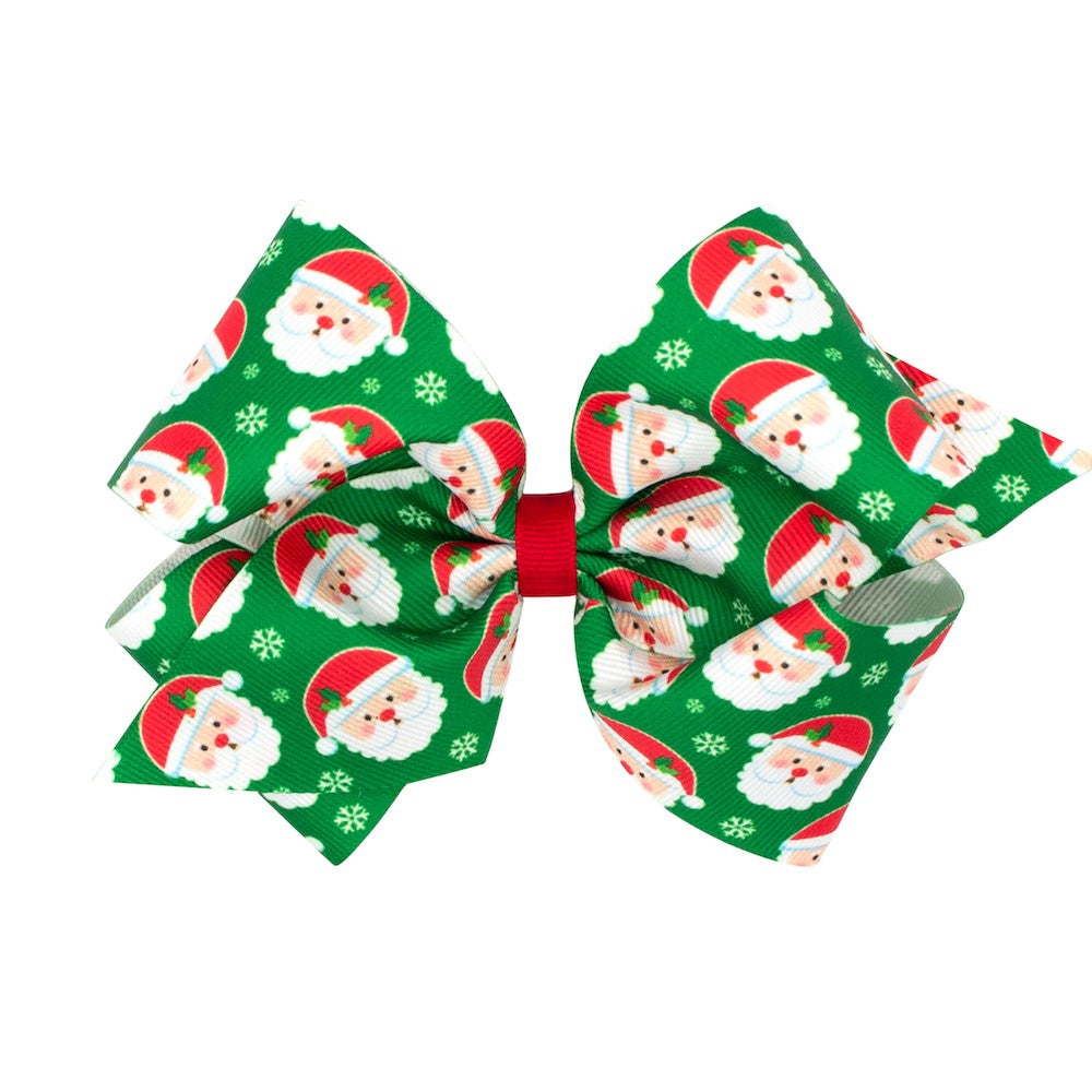 Wee Ones Girls Hair Bow on Clip - Santa Print on Green Bow
