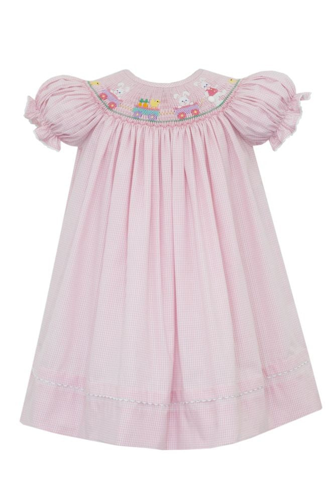 Anavini Velani Girls Pink Gingham Smocked Bunnies Wagon Bishop Dress