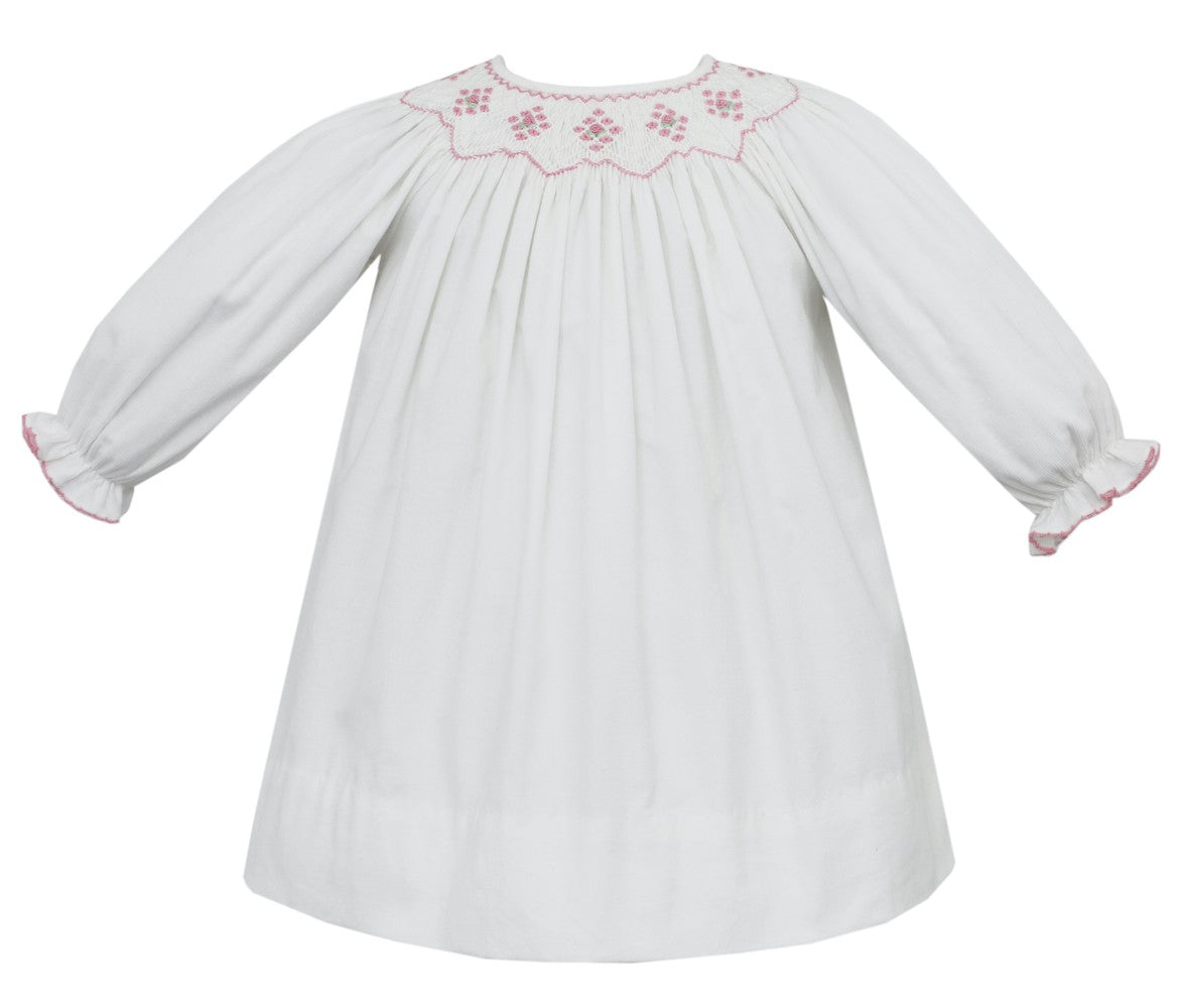 Petit Bebe Baby / Toddler Girls Winter White Corduroy Bishop Dress - Smocked in Pink by Petit Bebe