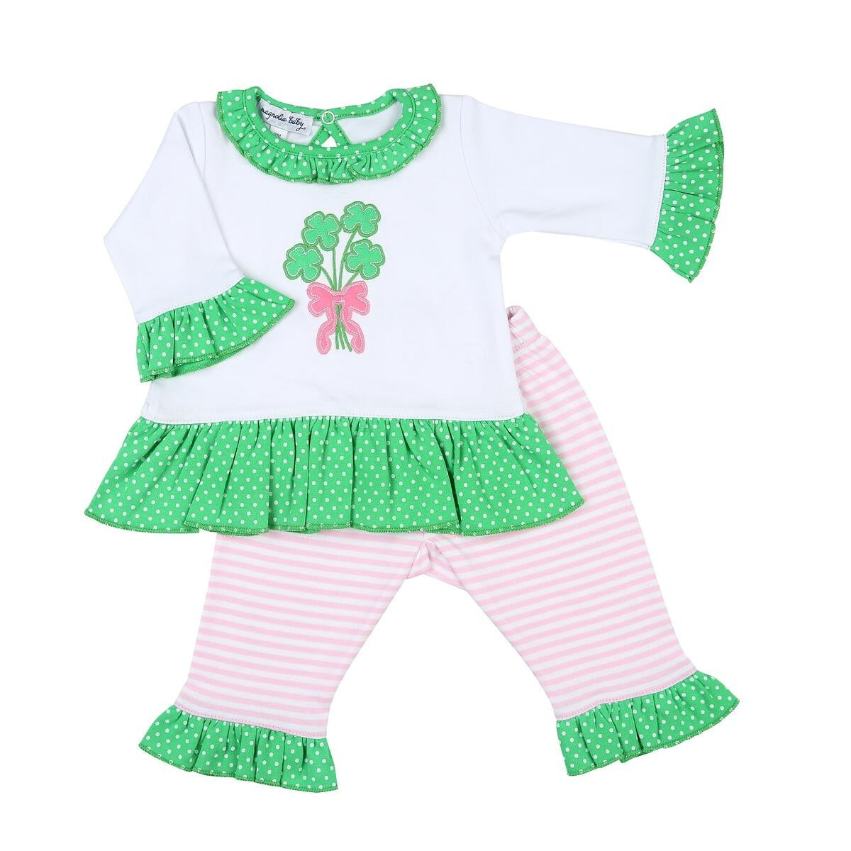 Magnolia Baby Girls Lucky Shamrock Bouquet Applique Ruffle Pant Set by Magnolia Baby