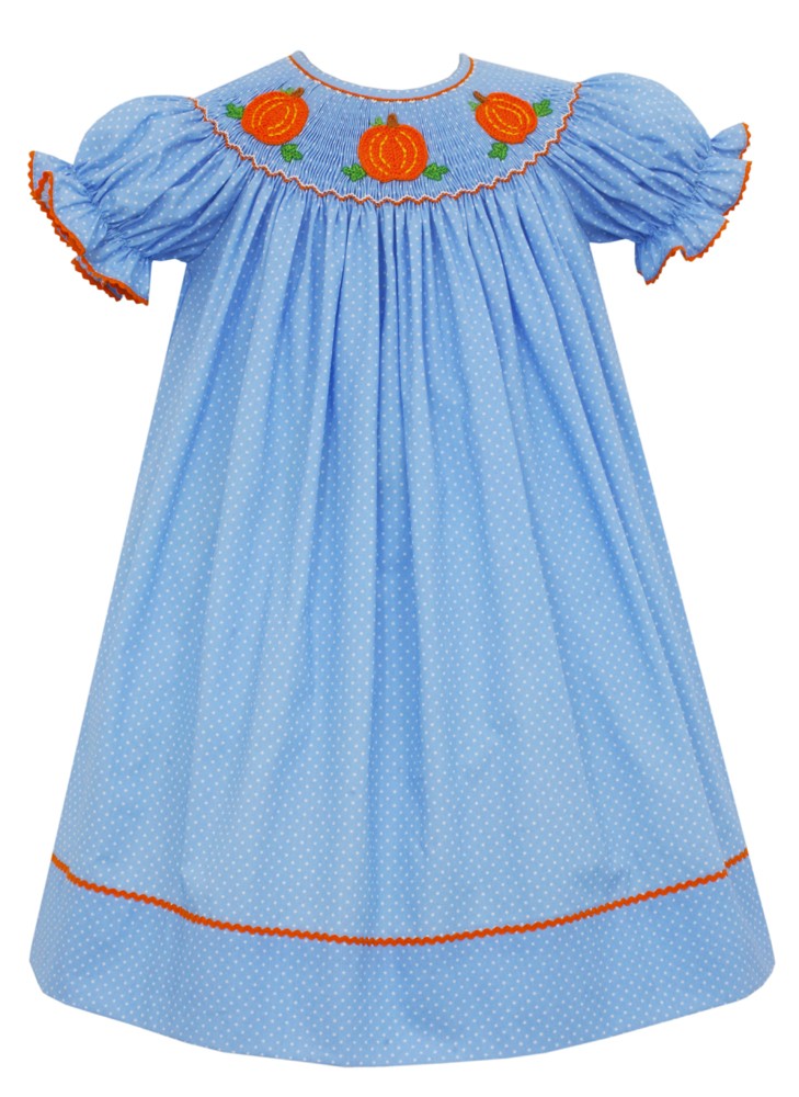 Claire & Charlie Baby / Toddler Girls Blue / White Dots Smocked Crochet Pumpkins Bishop Dress by Claire & Charlie