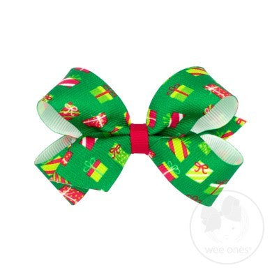 Wee Ones Girls Grosgrain Holiday Print Hair Bow - Green Christmas Gifts