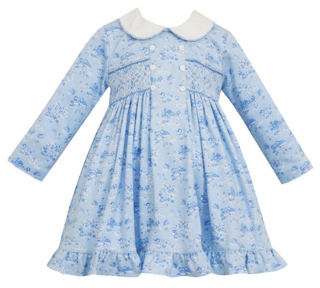 Petit Bebe Knits Baby / Toddler Girls Blue Toile Knit Smocked Dress - Long Sleeves