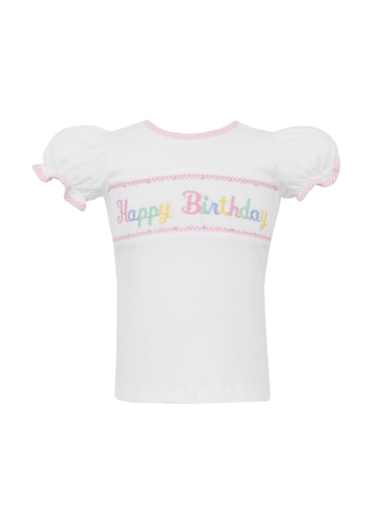 Anavini Baby Girls White Top - Smocked Happy Birthday