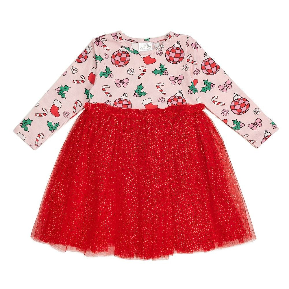 Sweet Wink Girls Tutu Dress - Red Shimmer with Christmas Disco Print Bodice