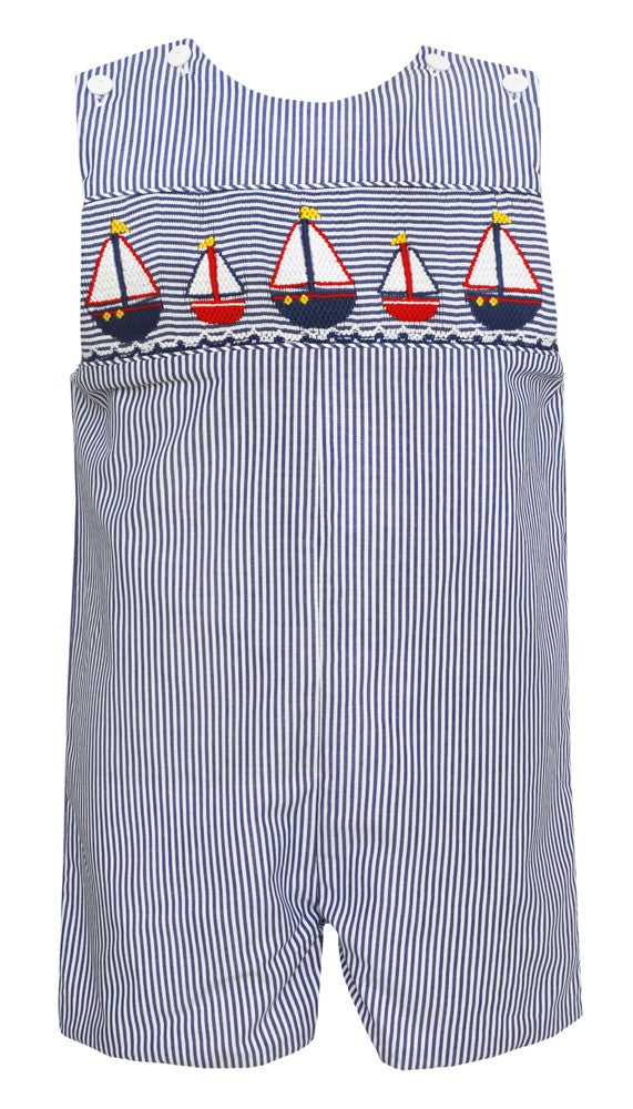 Anavini Baby / Toddler Boys Navy Blue Striped Smocked Sailboats Jon Jon