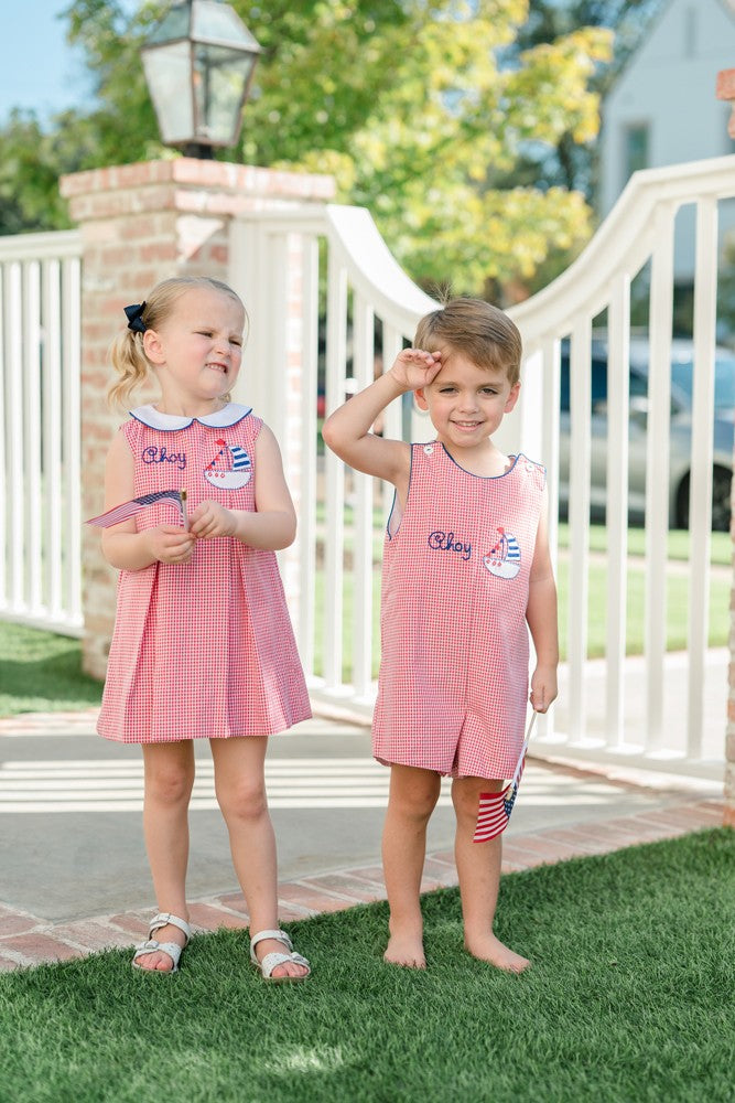 Proper Peony Boys Jon Jon - Red Gingham Ahoy Sailboat by Proper Peony