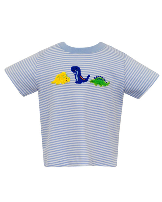 Claire & Charlie Boys Knit Shirt - Light Blue Stripes - Dinosaurs