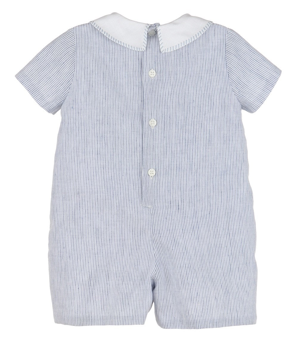 Luli & Me Baby Boys Navy Blue Pinstripe Romper - White Collar by Luli & Me