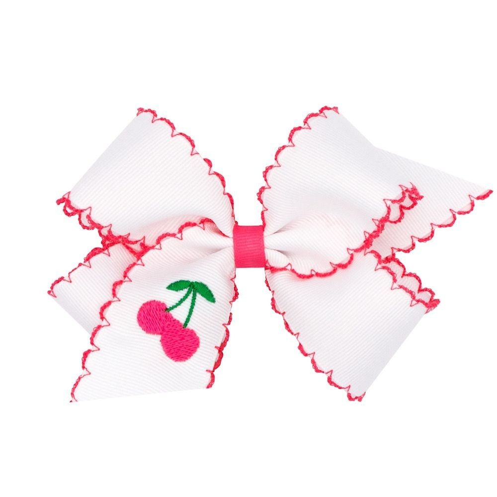 Wee Ones Girls Moonstitch Bow - White with Pink - Embroidered Cherry