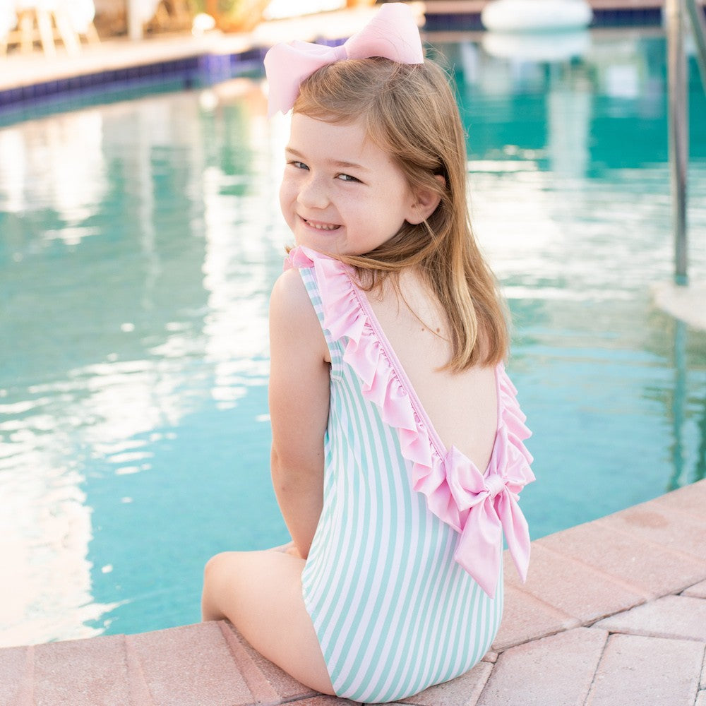 James & Lottie Girls Swimsuit - Tess - Palm Beach Mint Stripes with Bow in Back