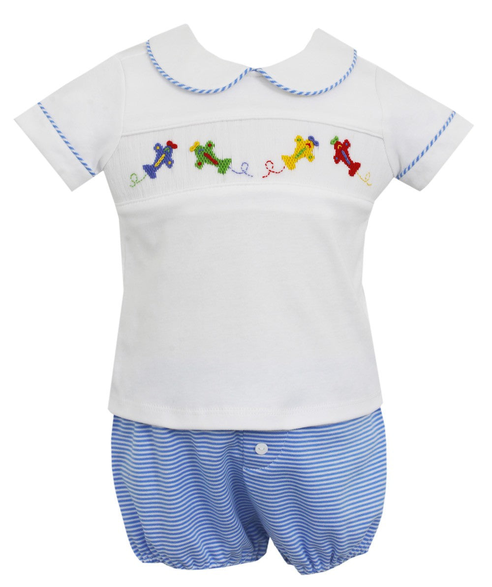 Petit Bebe Baby / Toddler Boys Blue Stripe Smocked Airplanes Bloomer Set by Petit Bebe