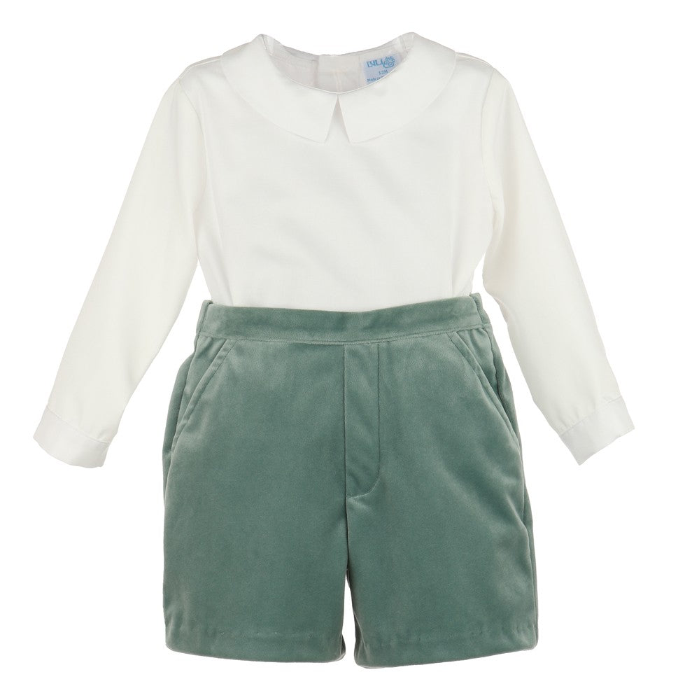 Luli & Me Boys Dressy Shorts & Shirt Set - Velvet - Aqua Sage Green