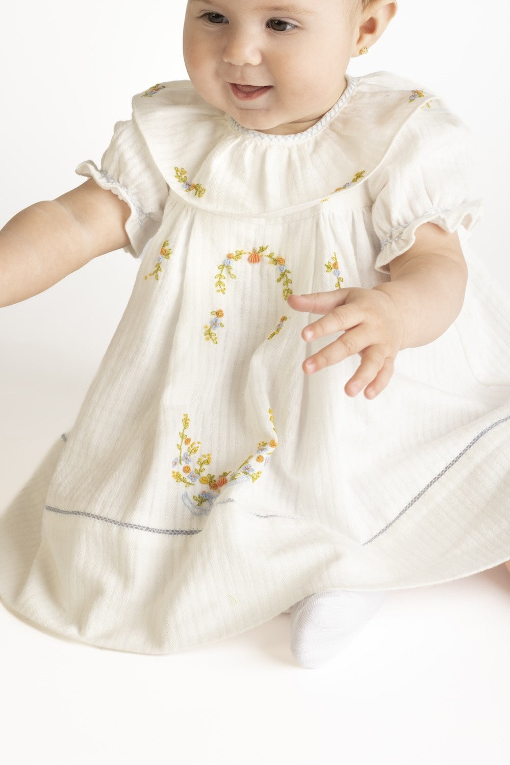 Sophie & Lucas Girls Pumpkin Embroidery Ruffle Dress - White with Blue