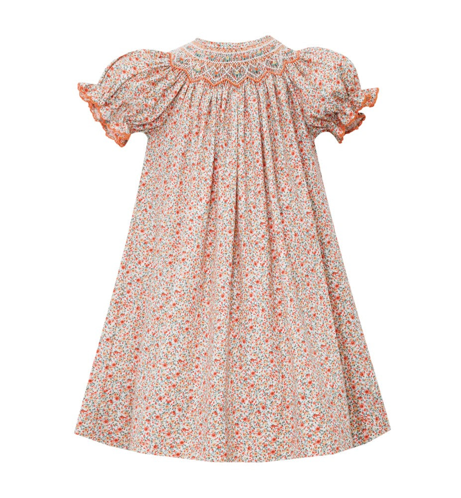 Petit Bebe Girls Smocked Dress - Orange Fall Floral - Bishop