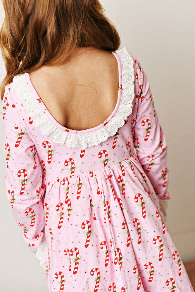 Swoon Baby Girls Eyelet Trim Pocket Dress - Pink Candy Canes Print