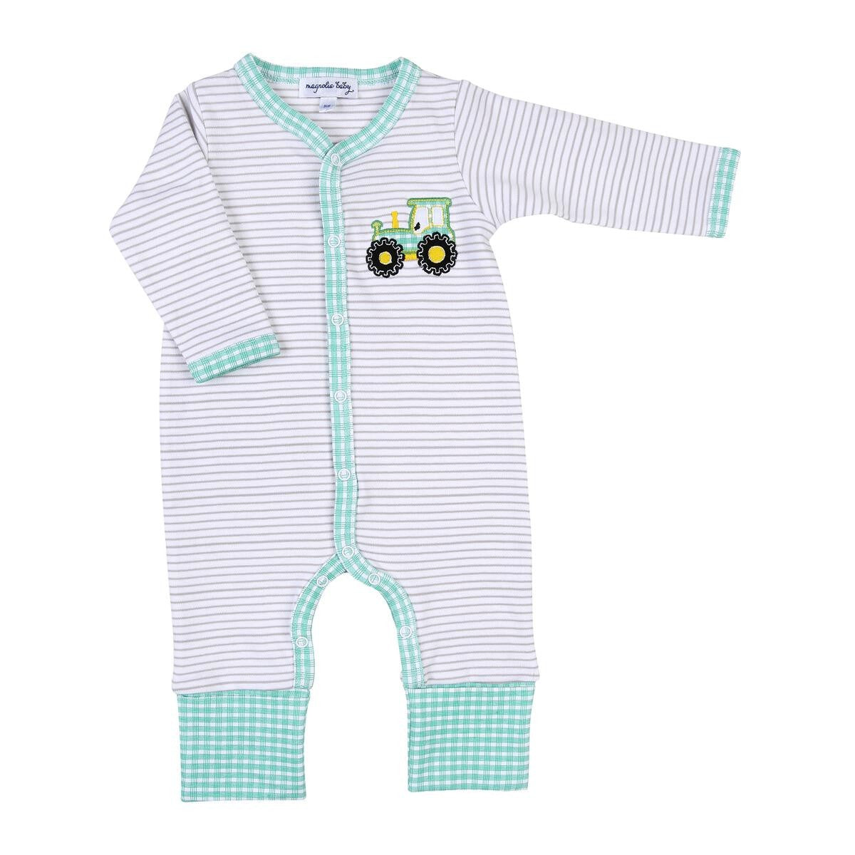 Magnolia Baby Boys Gray / Green Tractor Time Applique Playsuit