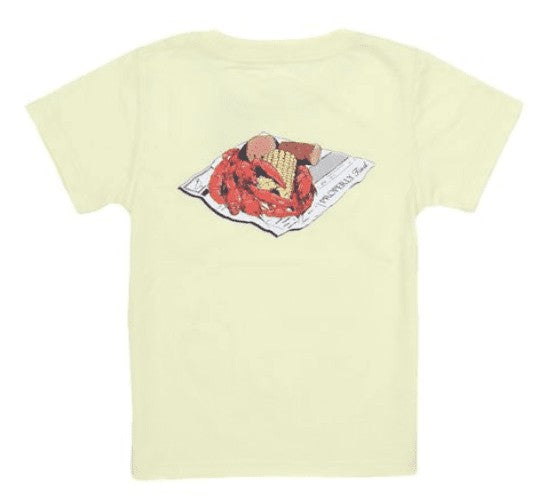 Properly Tied T-Shirt - Logo Pocket on Front - Back Graphic - Hot Off the Press Lobster on Yellow