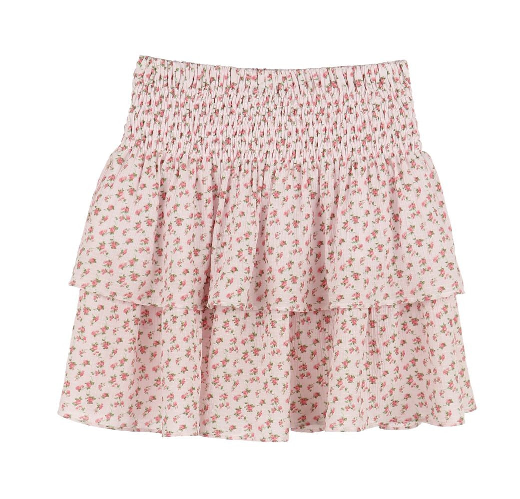 Luli & Me Gabby Girls Audrey Smocked Tiered Skirt - Rose Pink Floral