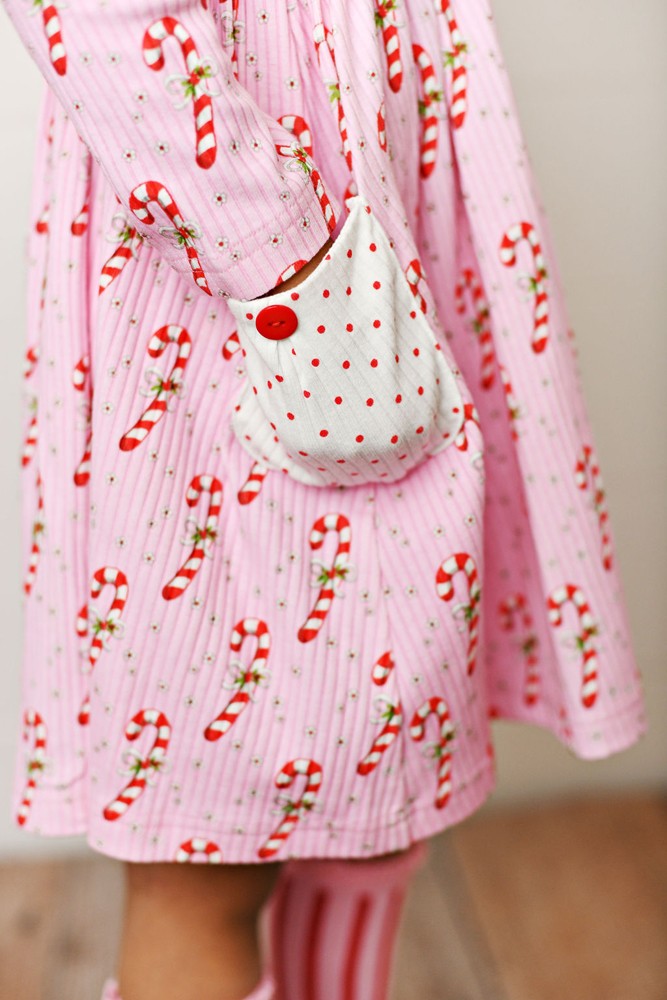 Swoon Baby Girls Eyelet Trim Pocket Dress - Pink Candy Canes Print