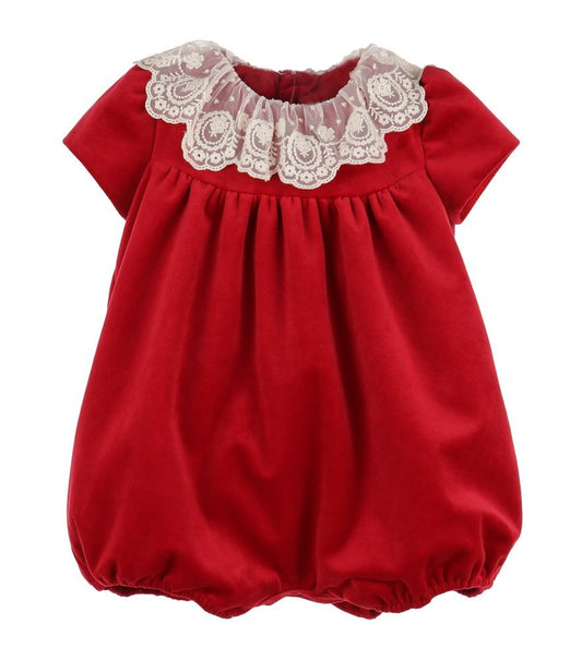 Luli & Me Girls Dressy Velvet Bubble with Lace Collar - Red