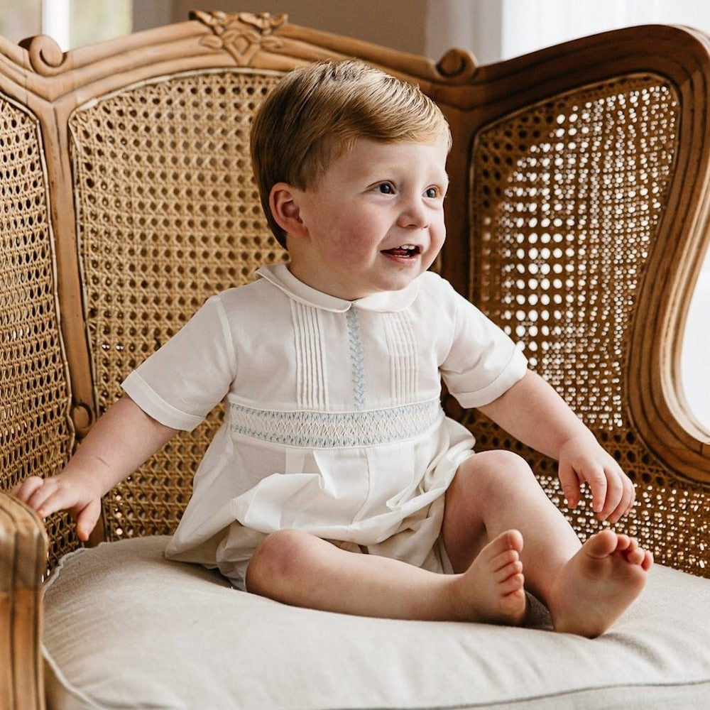 Feltman Brothers Baby Boys Ivory Vintage Romper - Smocked in Blue