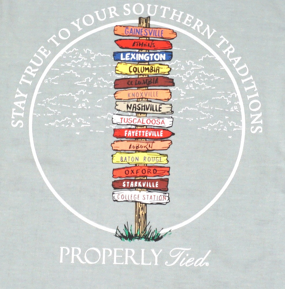 Properly Tied Tee Shirt - Logo Pocket - Back Graphic - Stay True to Your School Signs on Chrome Grey - Long Sleeves by Properly Tied