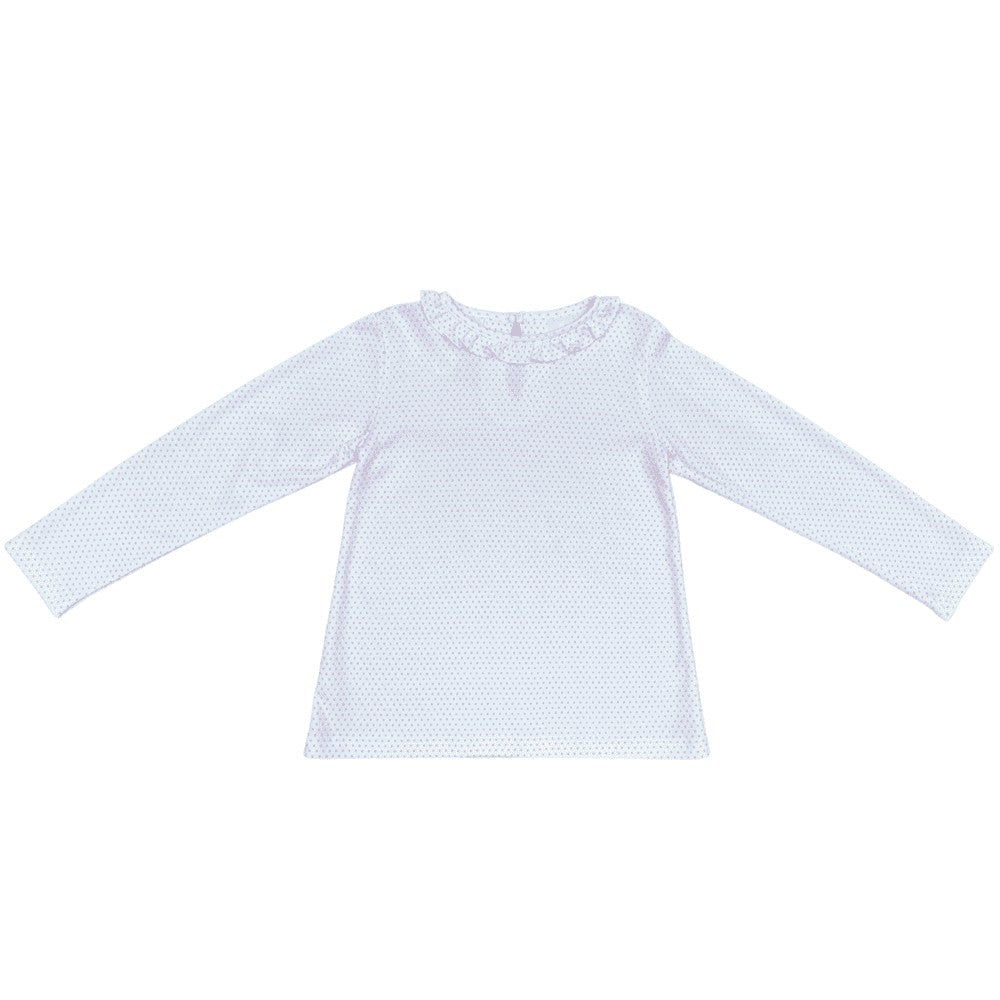 James & Lottie Girls Ruffle Neck Blouse Top - Pink Bitty Dots