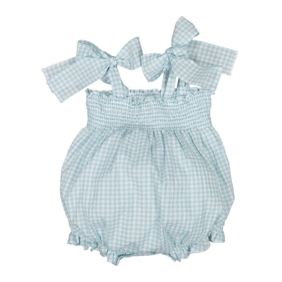 Sal & Pimenta Baby Girls Smocked Bubble with Ties - Capri Blue Gingham