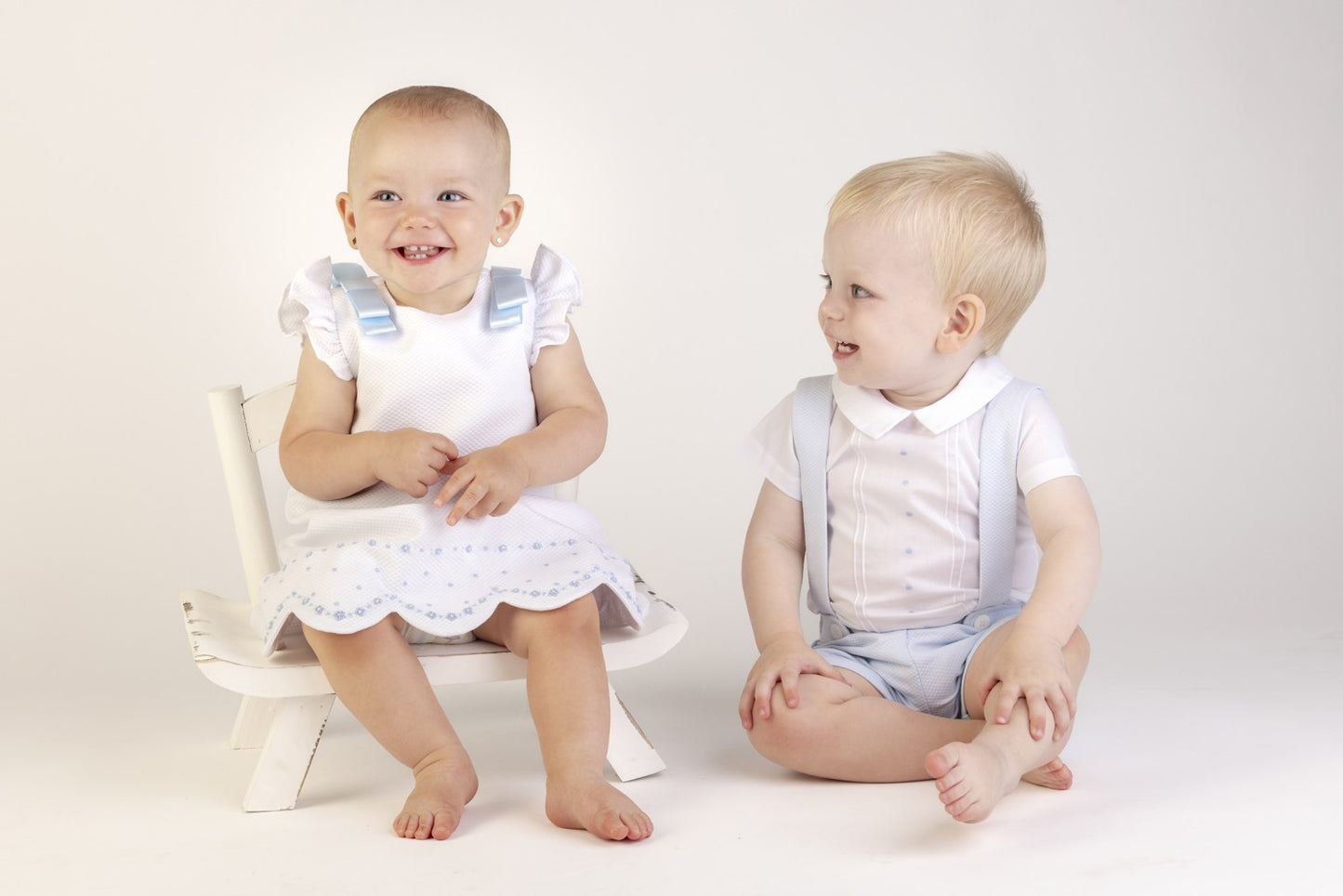 Luli & Me Girls Timeless Treasures A-Line Dress - White Pique with Blue Embroidery & Bows at Shoulders