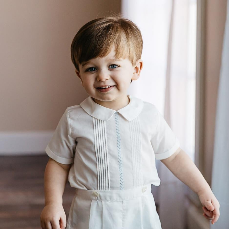 Feltman Brothers Baby / Toddler Boys Ivory Vintage Button On Suit - Blue Embroidery