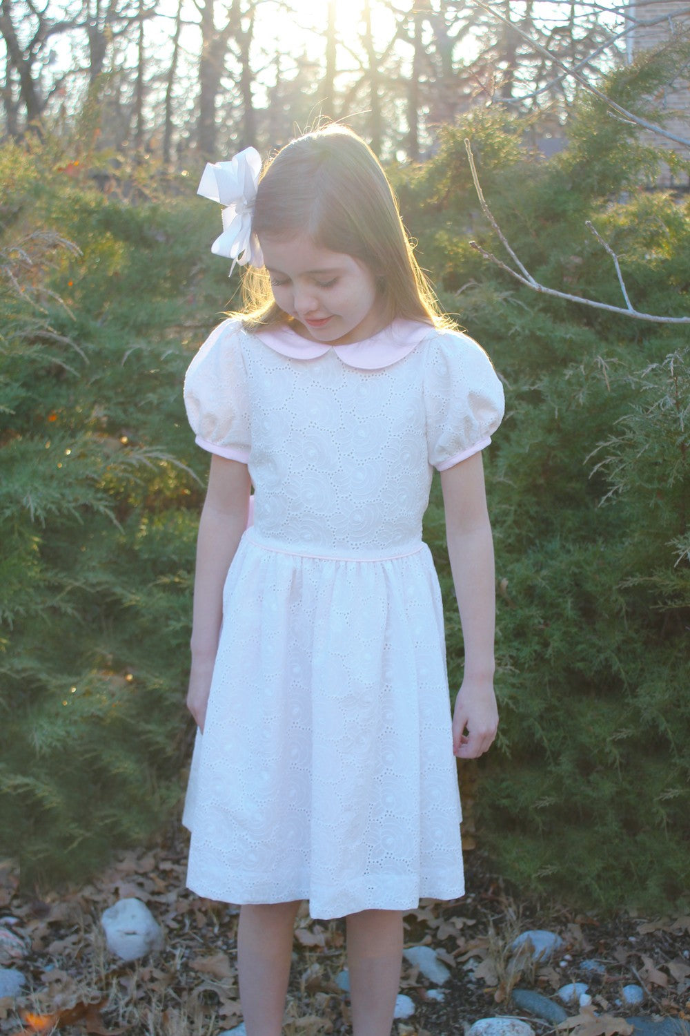 Susanne Lively Girls White Eyelet Dress with Pink Collar and Sash