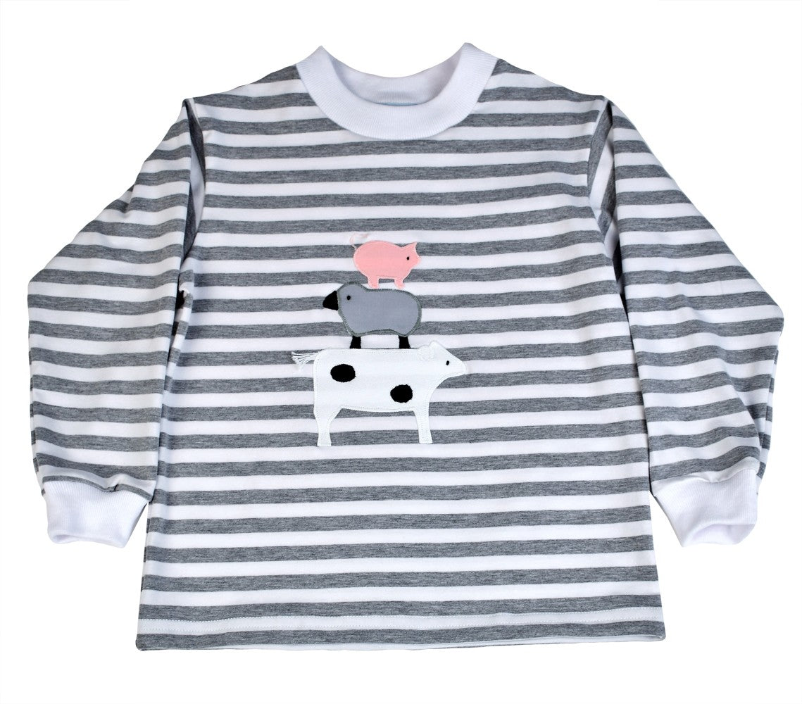 Funtasia Too Baby / Toddler Boys Gray Stripe Shirt - Applique Farm Animals