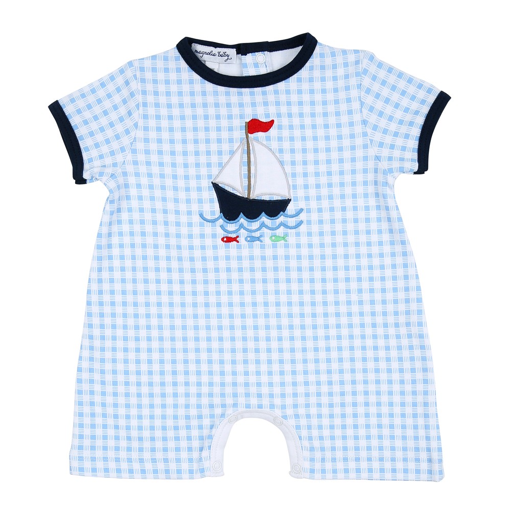 Magnolia Baby Boys Light Blue Check Sail Away Applique Boat Playsuit